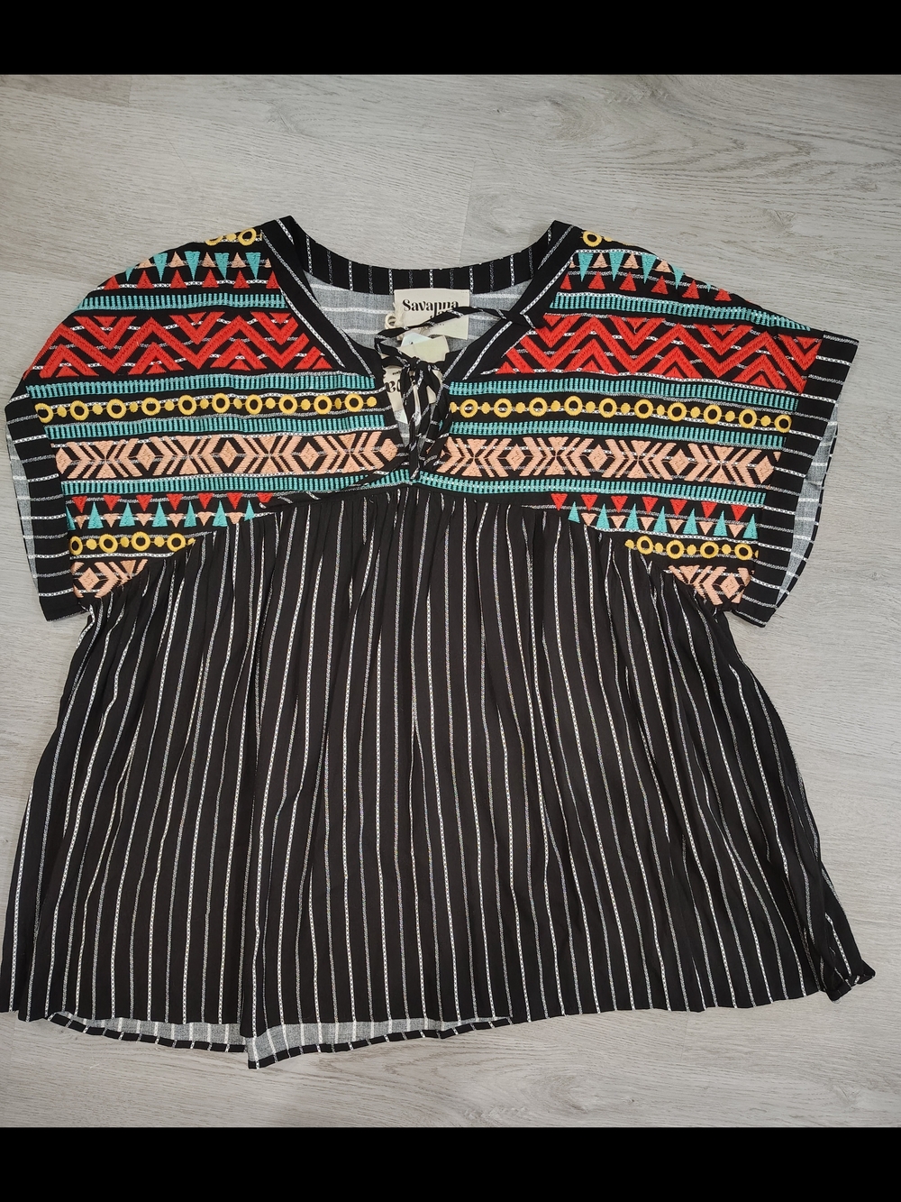 Savannah Jane Black Striped Top with Colorful Embroidered. Size 1X